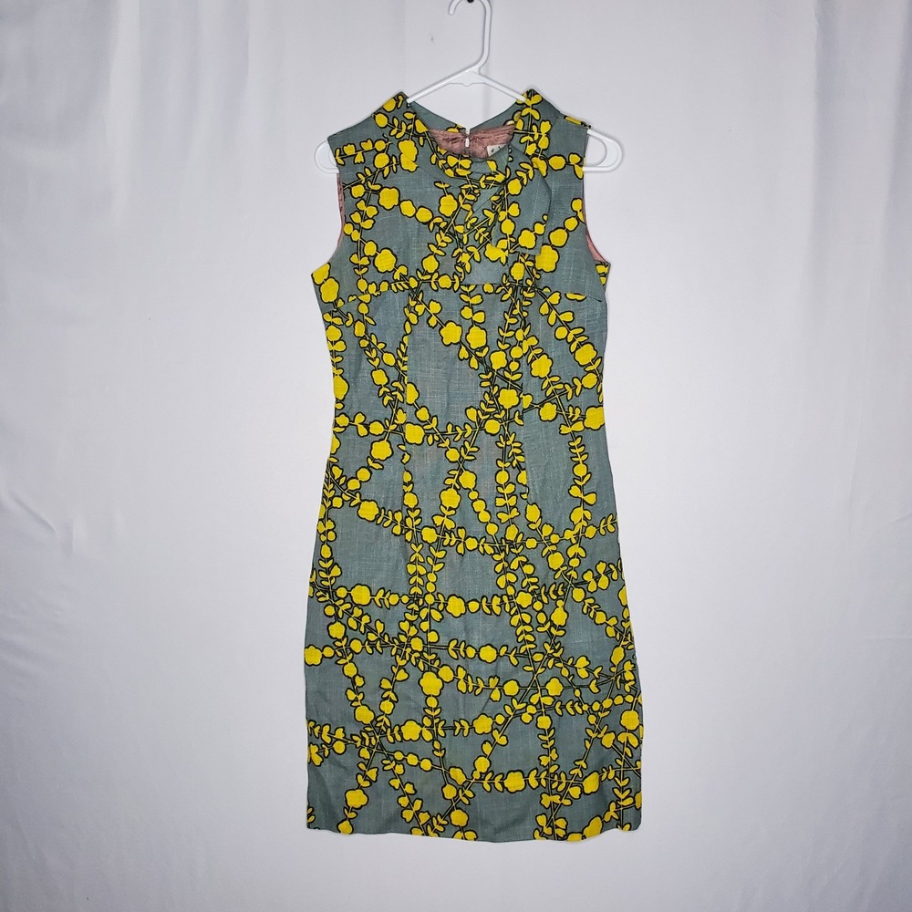 60s Vintage Sleeveless Sheath Dress Medium Blue Yellow Trellis Floral Woven Mod